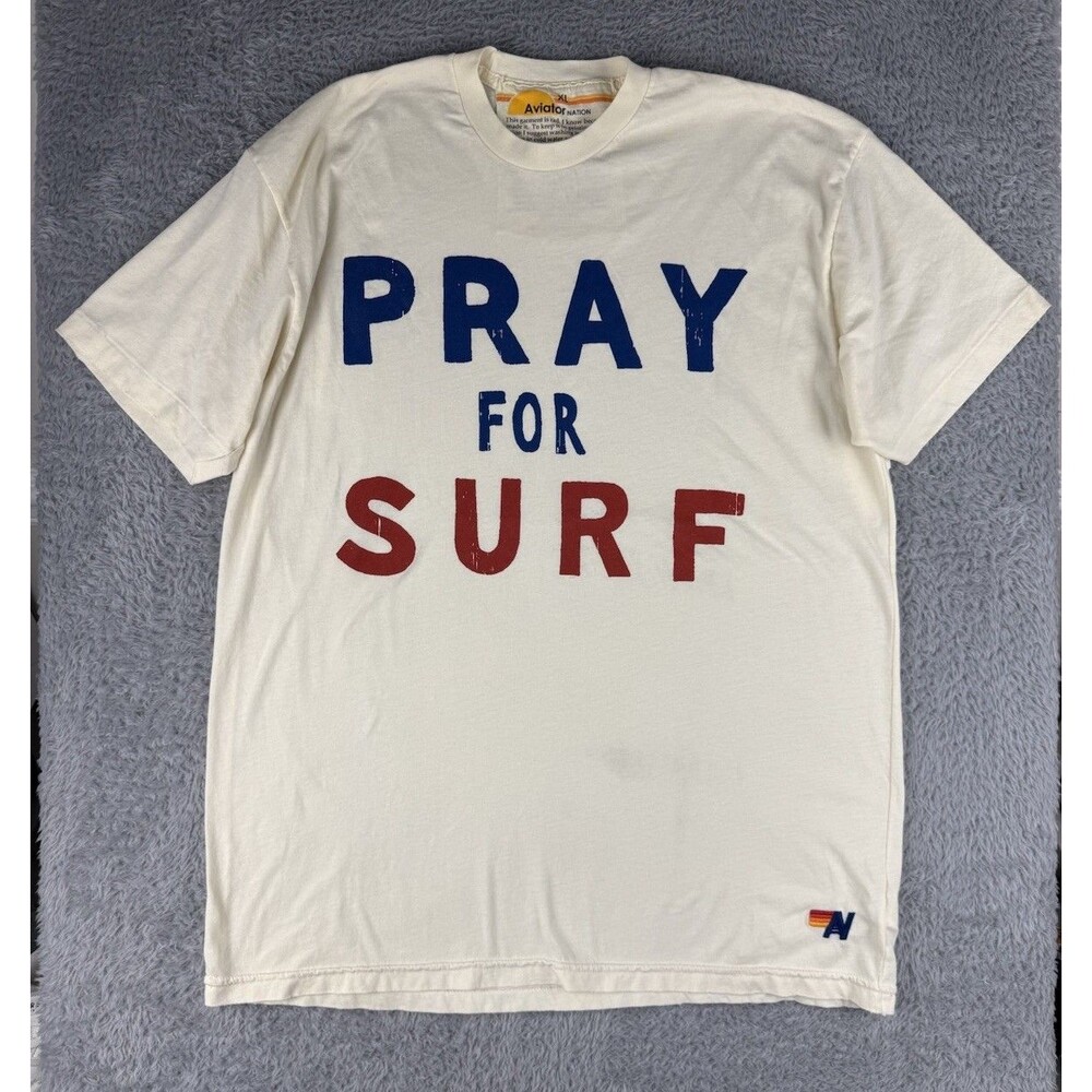Aviator Nation Pray For Surf T Shirt XL USA Made Graphic Tee Cream Vintage Style